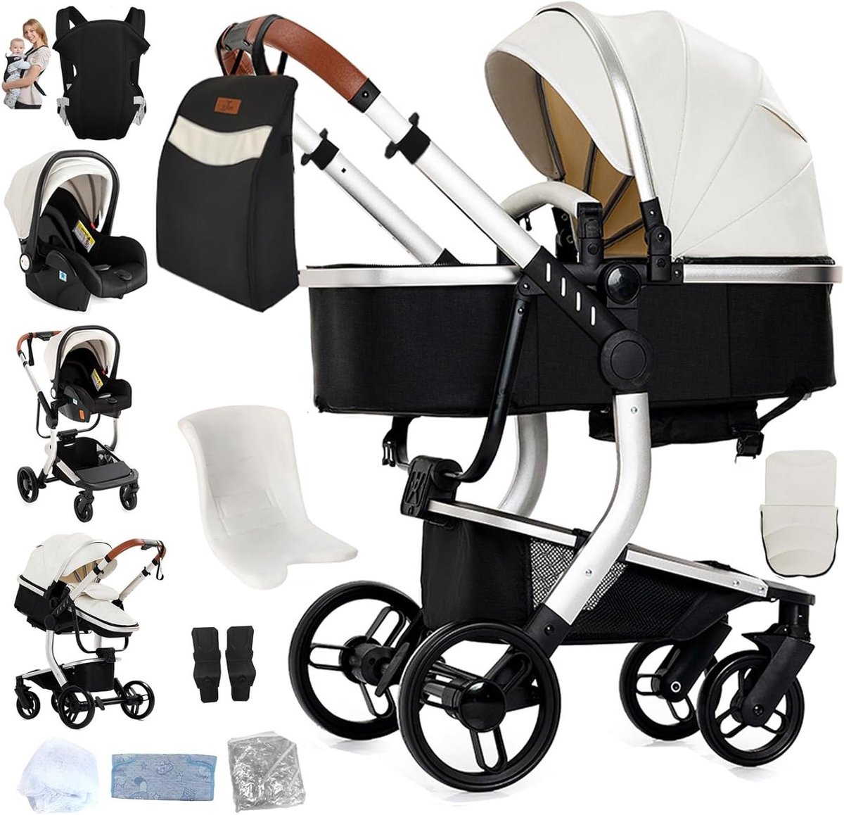 3-in-1 Kinderwagen - Reissysteem Baby - Veilig Op Reis - Bidirectionele Duwfunctie - 0-3 Jaar - Wit
