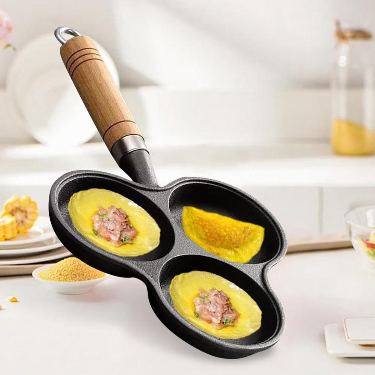 Non-stick Pancake Pan, 3 Holes, Egg Pan, Hampan, Non-Stick Coating, Cake Maker, Frying Pan, Breakfast, Grill, Cooking Pot, Egg, Frying Pan, Pancake Pan for Gas Stove