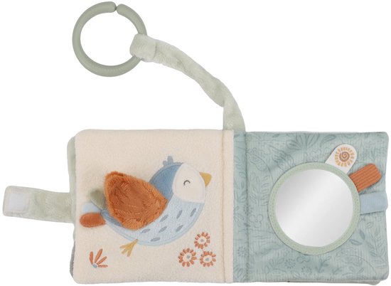Zacht stoffen boekje met een blauw vogeltje en een spiegel. Met ophangring.