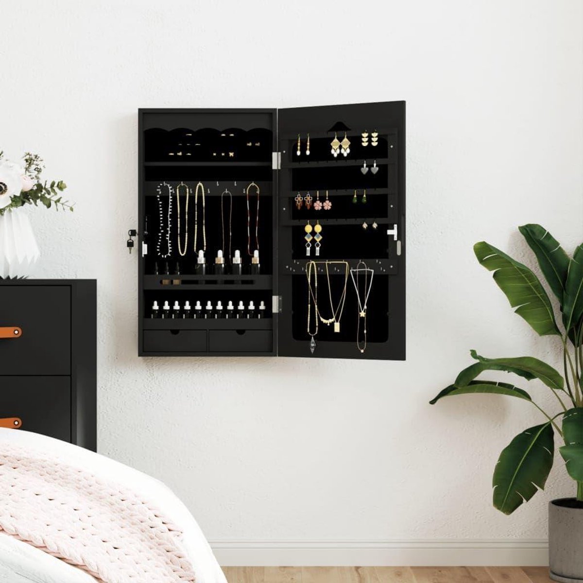 Sieradenkast met spiegel - Juwelendoos muur - Elegante opslag - Afsluitbare deur - 37.5 x 10 x 67 cm - Zwart