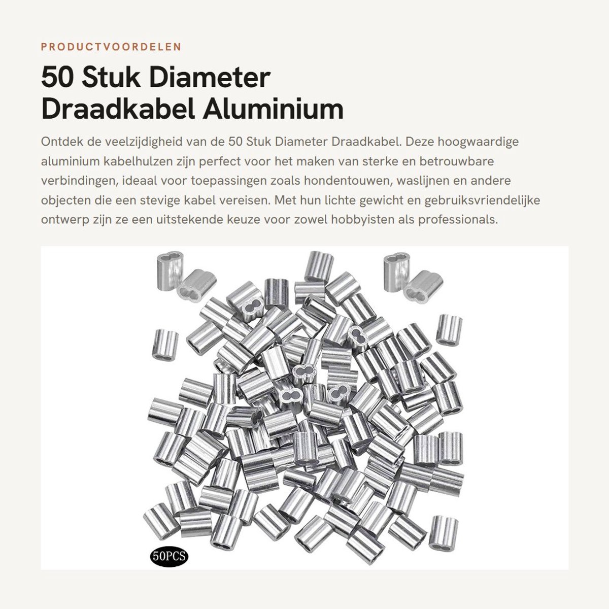Dailygoods- Draadkabel 50 Stuks - Aluminium Kabeldraad - Zilveren Krimpring-Hulsklem - Geschikt voor Hondentouw/Waslijn - Diameter 8 mm - Laag Gewicht/Hoge Prestaties - Staaldraad