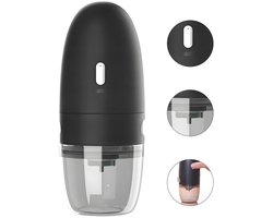 Elektrische koffiemolen met conische maalschijf, instelbare maalgraad, draagbaar, oplaadbaar via USB-C, geschikt voor espresso, French press en cold brew. Zwart.