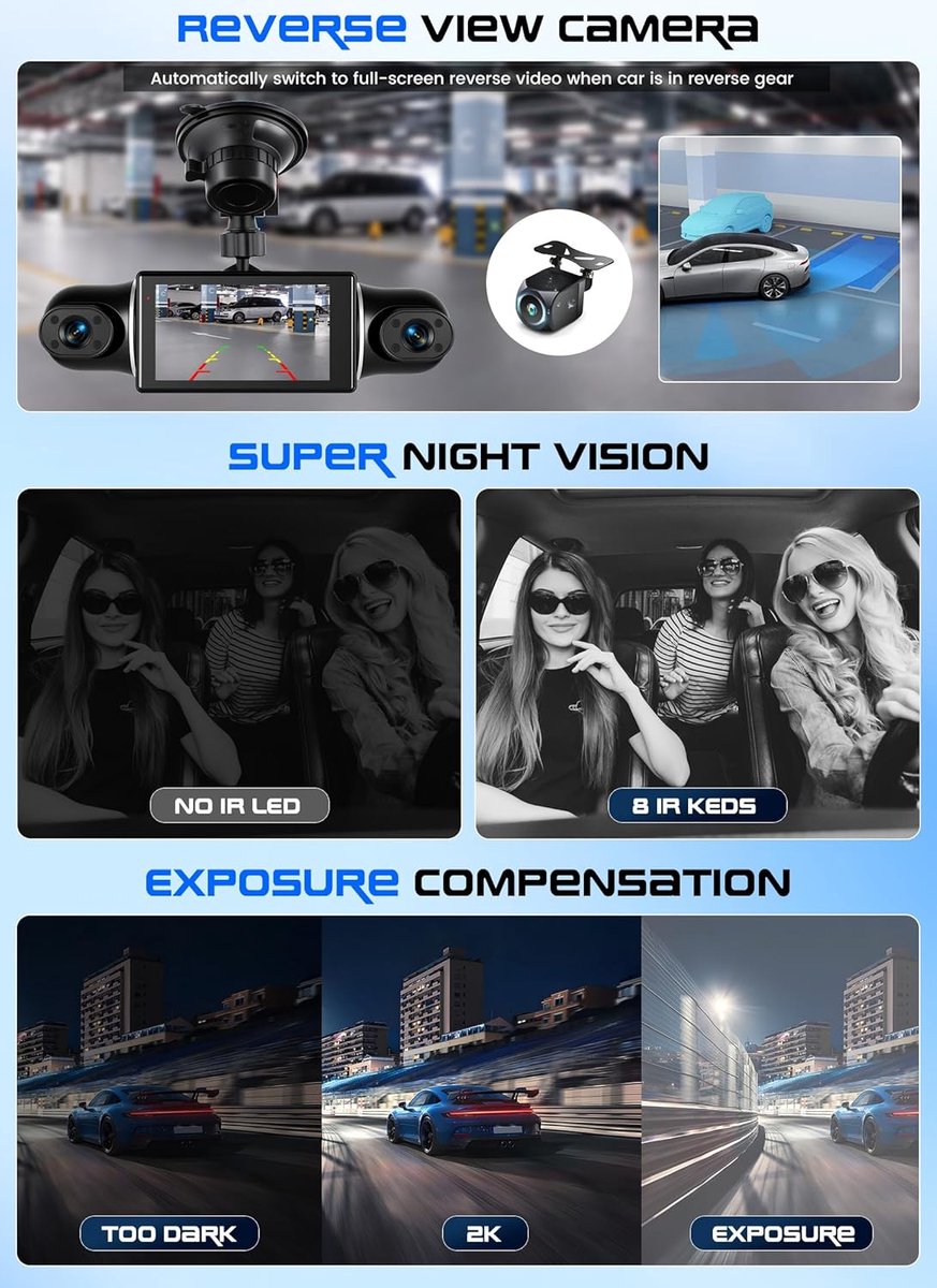Mini Dashcam - Auto Camera - Rit Opnemen - 4 Lens 1080P - 3 Inch Scherm - Zwart – foto 7