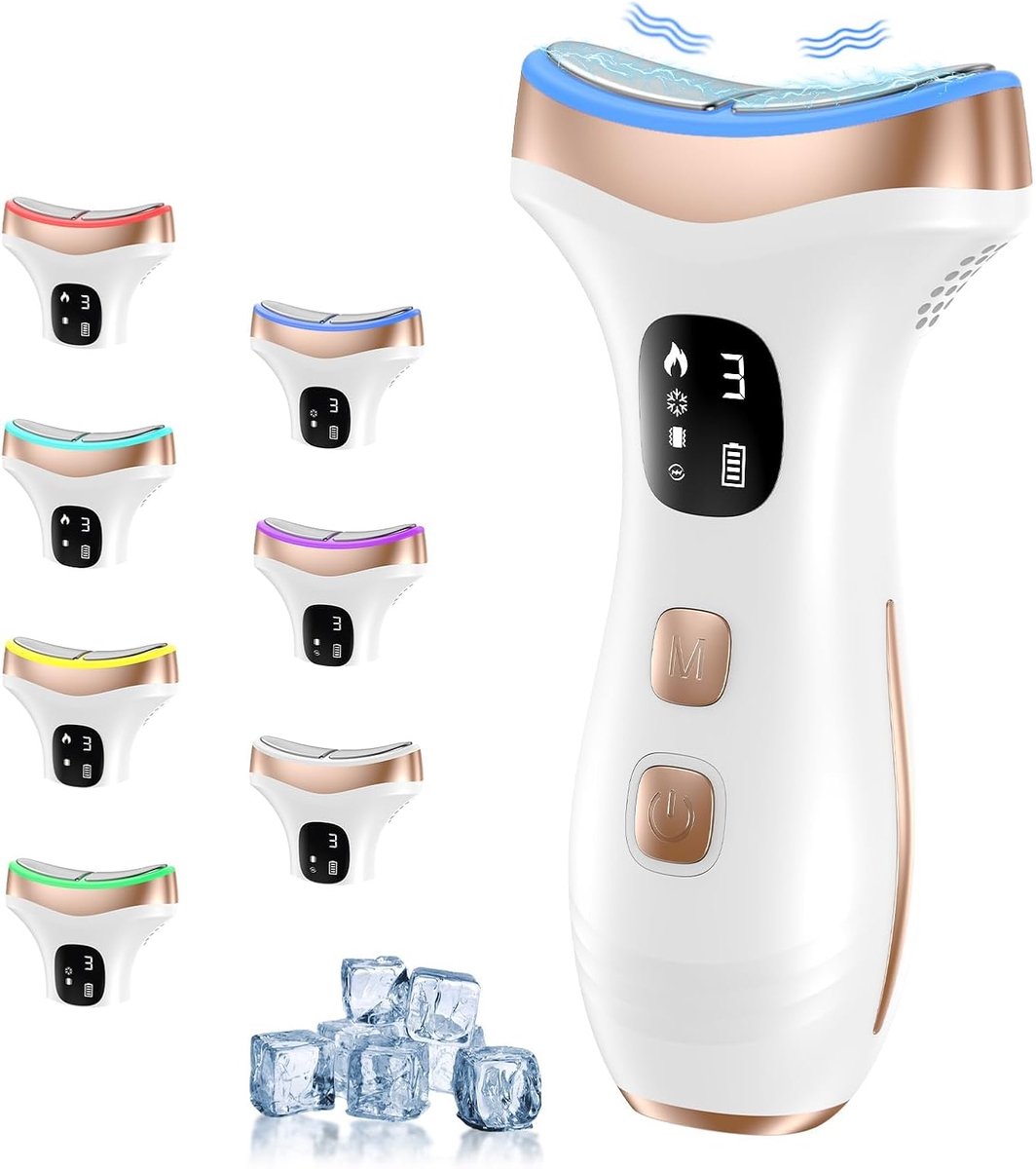 Anti-rimpel gezichtsmassageapparaat: Double Kin Lifting Massager met 15°C Koud en 45°C Warmte - 7-modi 7-kleuren LED Elektrisch Schoonheidsapparaat - EMS Nek- en Gua Sha Gezichtsapparaat, Wit