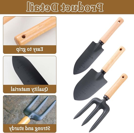 Dailygoods - Tuingereedschapsset, 3 stuks, premium tuingereedschapsset, houten handvat, handheld tuinschep, kleine smalle schep, hark, tuinset, tuingereedschap voor bonsai, gereedschap, planten, potbloemen van Dailygoods — afbeelding 2