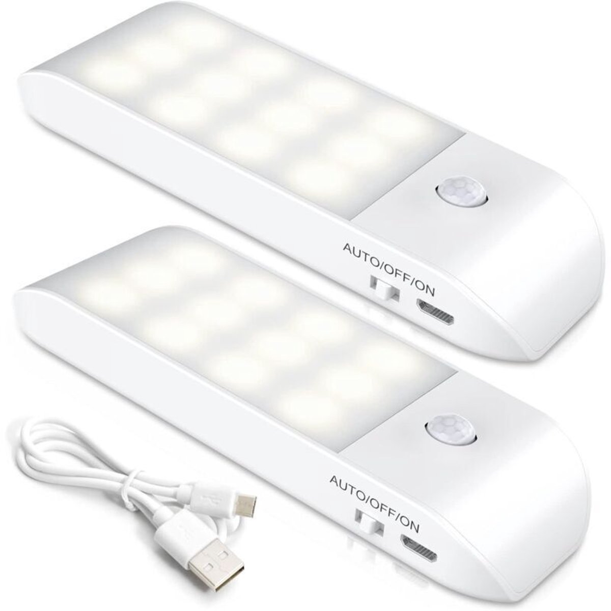 Oplaadbaar LED-nachtlampje, [2 stuks] Automatische sensor LED-lamp, draagbare magnetische wandlamp, geschikt voor kledingkasten, slaapkamers, gangen, bergingen, trappen [12 LED-lampjes] Wit licht (6000K)