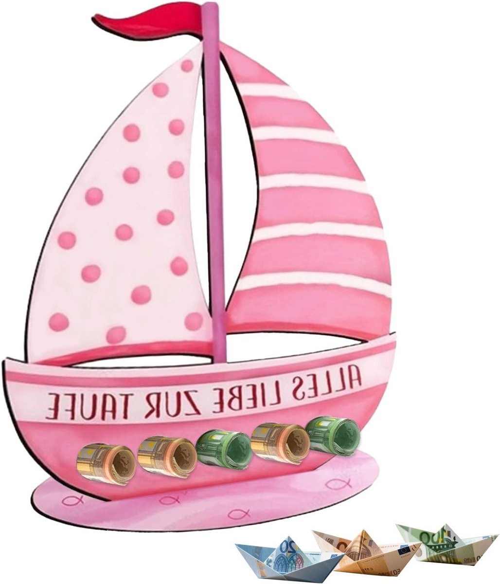 Houten Bootje in Roze voor Doopcadeaus - Liefdevol Geldcadeau voor Doop, Communie en Verjaardag - 19 x 16 cm
