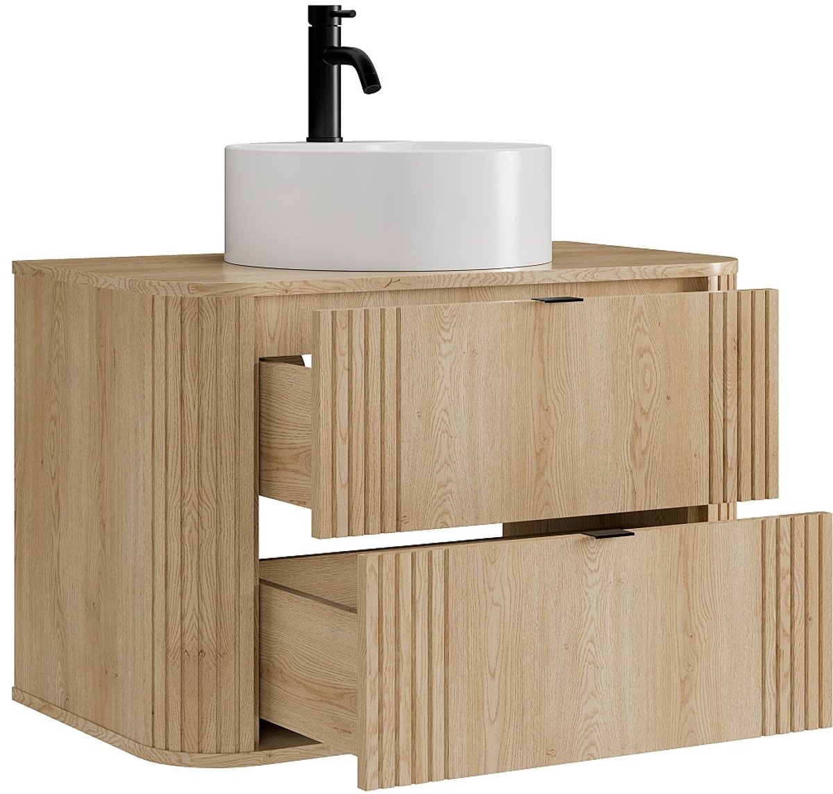 Vente-unique Zwevend badkamermeubel met ronde wastafel en kraan - Licht naturel - 80 cm - FILOR