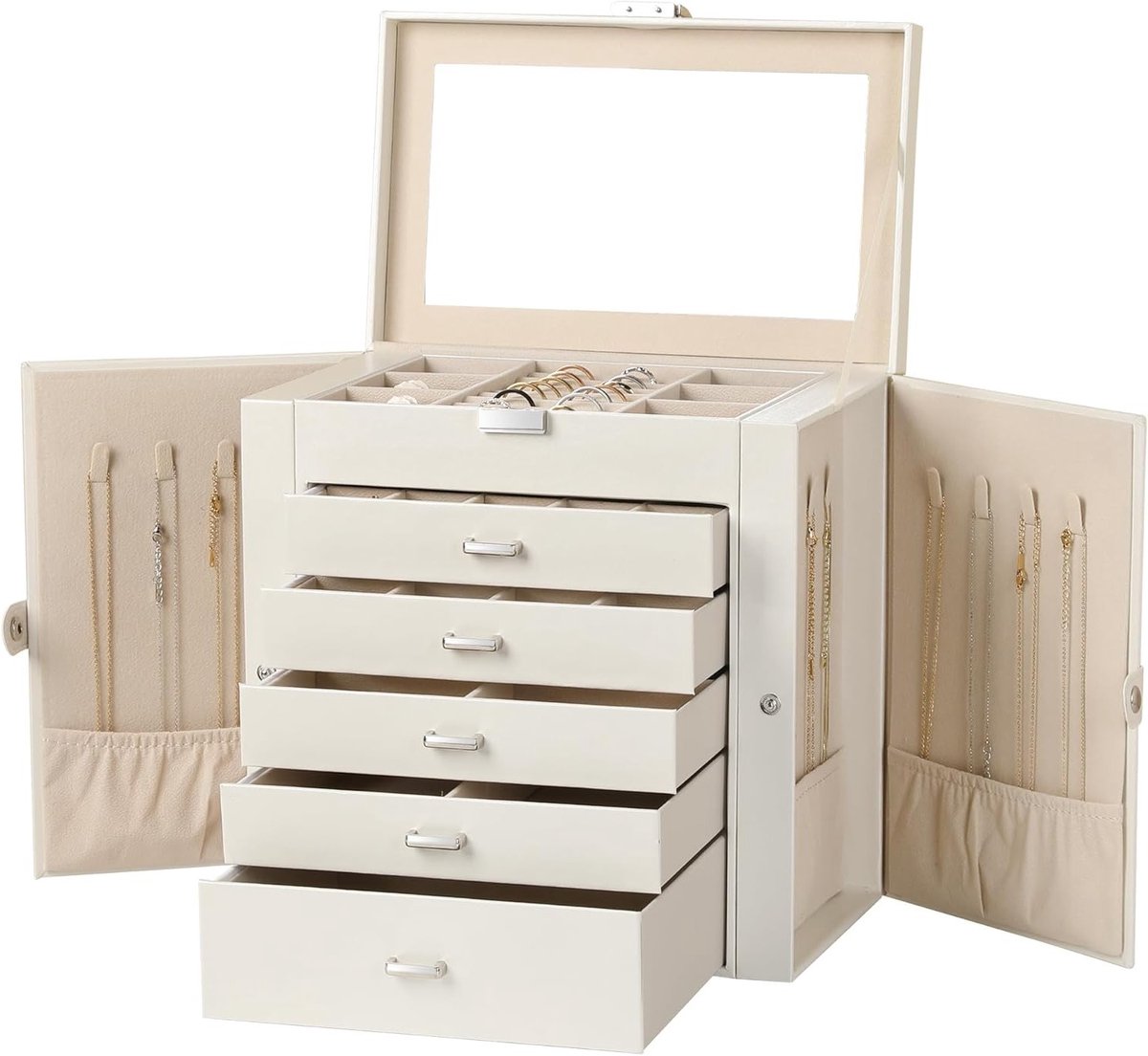 Grote Sieradenbox met 6 Lagen van PU Leer, Multifunctionele Organizer met Slot en 5 Lades voor Oorbellen, Kettingen en Horloges - Ruimtebesparend en Inclusief Spiegel