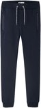 Donkerblauwe joggingbroek met trekkoord, ritssluitingen op de zakken en elastische boorden.