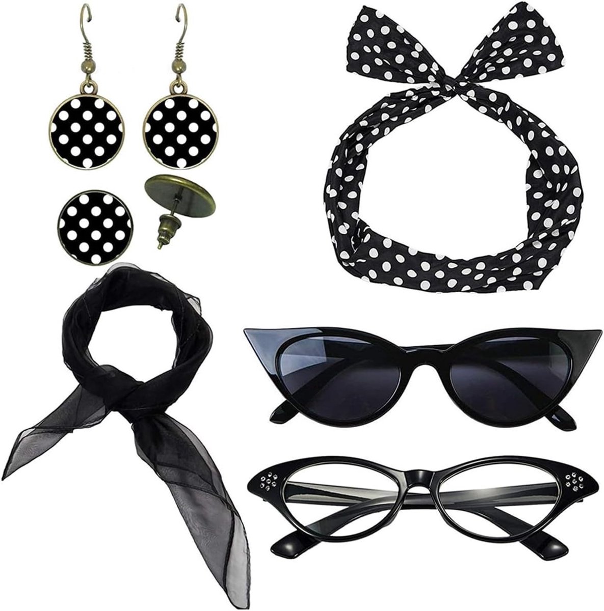 6 delige Rockabilly accessoires set voor dames - 1950s kostuum met sjaal, kattenbril, polka dot bandana, haarband en oorbellen voor een retro look