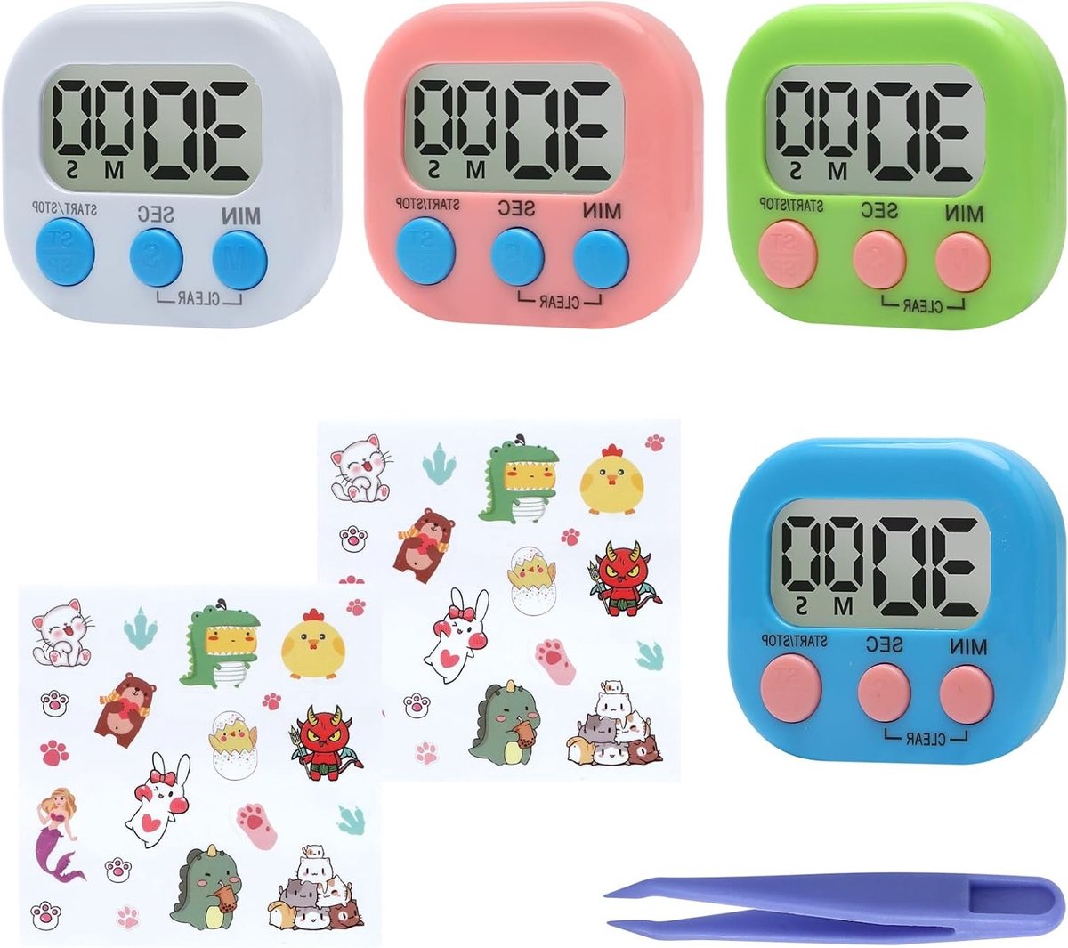 Set van 4 Digitale Keuken Timers met Magnetische Bevestiging, Stopwatch voor Koken, Training en Studio, Compacte Timer 7 × 6 × 2 cm