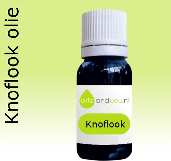 Flesje knoflookolie van Oils & You met wit dopje en groen-wit label met 'Knoflook'.