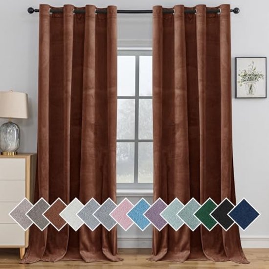 Set van 2 Verduisterende Fluwelen Gordijnen 117x137 cm - Kant-en-klaar met Ringen - Thermische Isolatie - Bruin