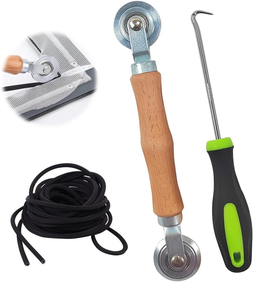 Reparatietool voor raamhorren met dubbele wielen en houten handvat - 10m x 5mm rubberen trekker voor storm- en vliegenwering