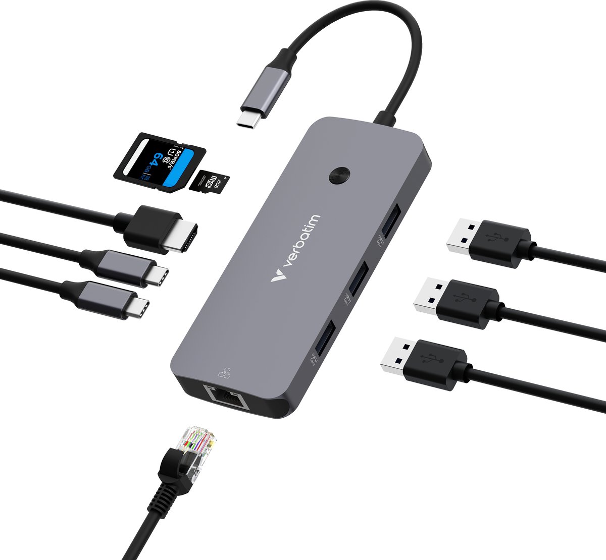 Verbatim Adapterhub USB-C - HDMI/3xUSB-A/SD/microSD/2xUSB-C/Eternet aluminium/aluminium 32152
