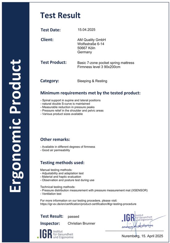 Testresultaat: Ergonomisch product, AM Quality GmbH, basic 7-zone pocketveringmatras, firmheid level 3, 90x200 cm, geslaagd.