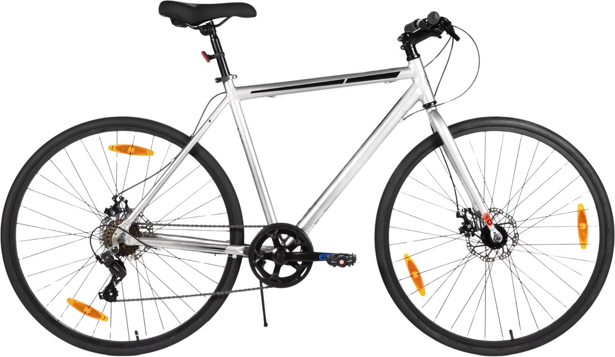 Racefiets – Voor heren en dames – 7 versnellingen / dubbele schijfrem / lichtgewicht frame – Aluminium / Zilver / Maat L (71 cm)