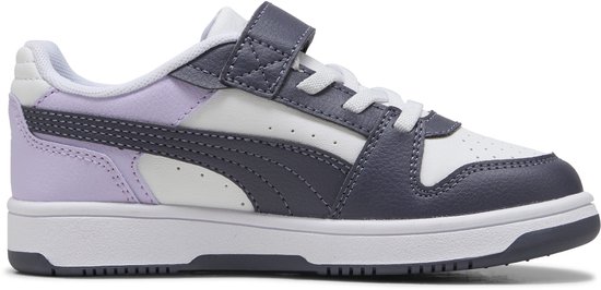 PUMA Rebound Slam Lo sneaker in wit, donkergrijs en lavendel met klittenbandsluiting en veters.