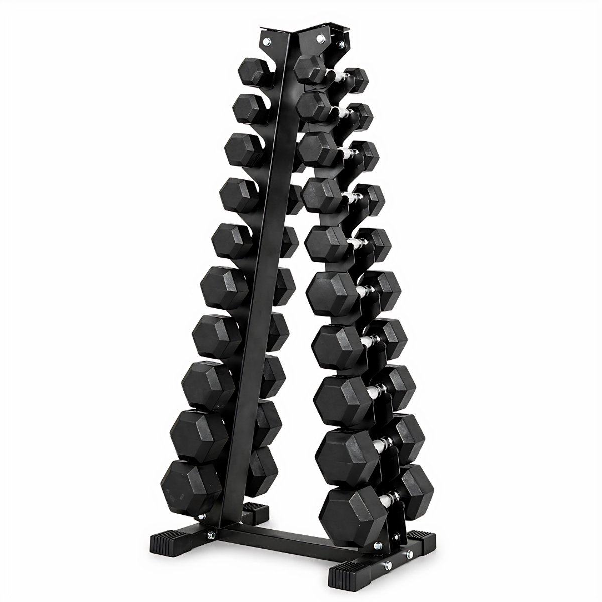 PH Fitness Dumbbell Set Hexa Rubber 1-10 KG (10 Paar) met Verticaal Torenrek | Professioneel A-Frame Opbergsysteem Homegym
