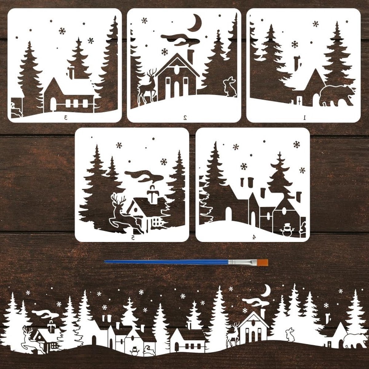 5 Stijlen Winterse Bos Home Sjablonen met Kwast 30x30cm Schilderen Dorp Winter Thema Raamdecoratie en Muurdecoratie Templates