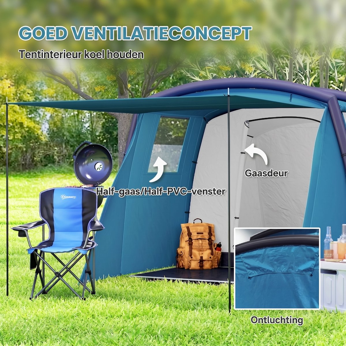 Familietent - Opblaasbare tunneltent - Buitentent - Aufblasbares Campingzelt 3-6 Personen - Met zijramen en deur - Opblaasbare constructie - 4,4 x 2,8 x 1,95 meter - Zonbescherming - Waterdicht - Blauw – foto 3