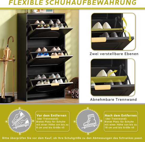 MODENUIT Schoenenkast - Smal Met 3 Kleppen - Voor Hal En Woonkamer - MDF En Spaanplaat - 60x24x114 Cm - Zwart