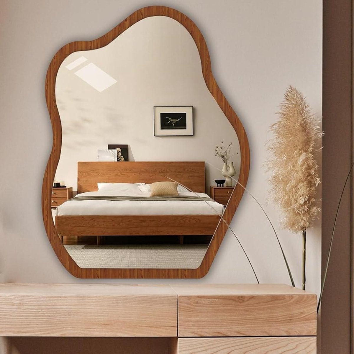 Wolk Spiegel - Onregelmatige Spiegel - Interieur Decoratie - Explosiebestendig Glas - 36x56cm - Walnoot