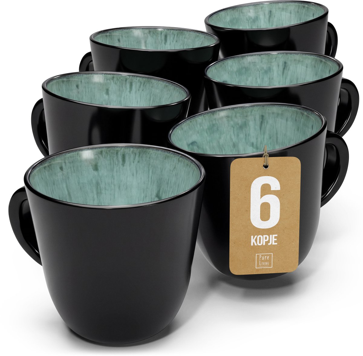 Pure Living Set Van 6 Koffiemokken - 460ml - Saliegroen - Aardewerk - Vaatwasserbestendig - Magnetronbestendig - Ibiza Dark