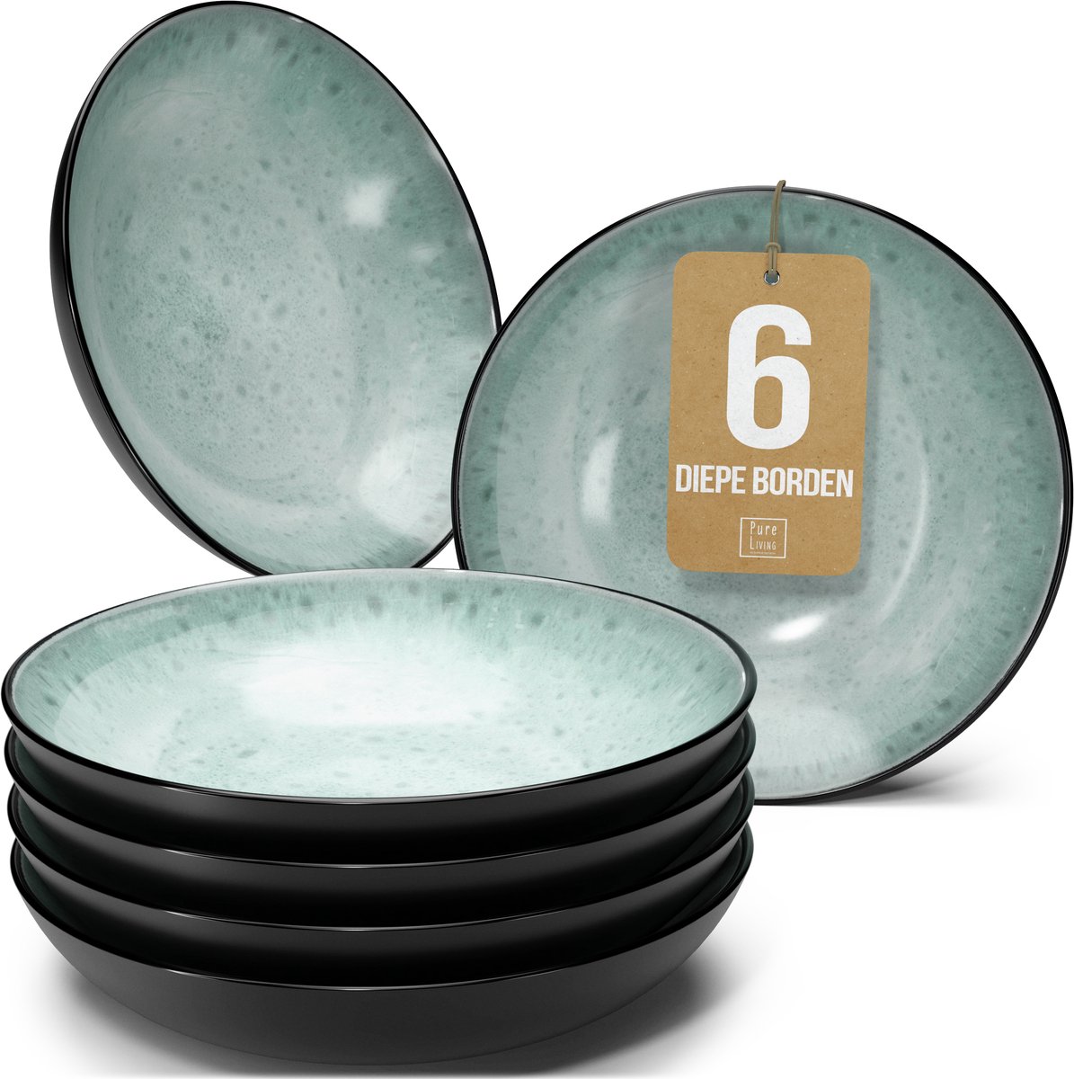 Pure Living Set Van 6 Diepe Borden - Ø 20 cm - Saliegroen - Aardewerk - Vaatwasserbestendig - Magnetronbestendig - Ibiza Dark