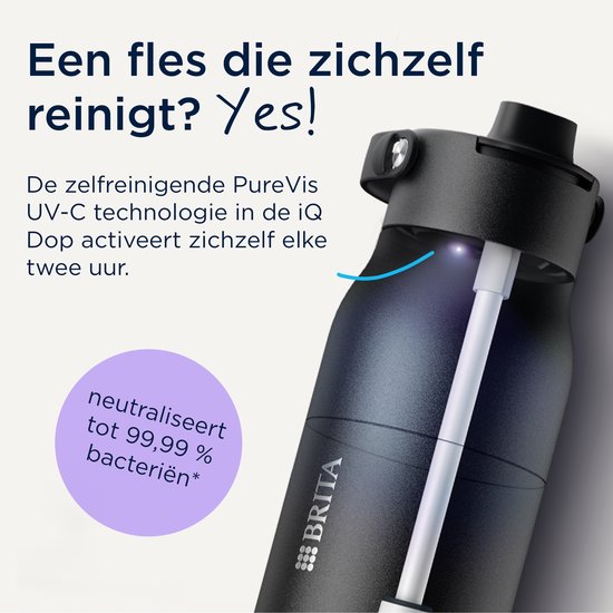 Een hand die een zwarte BRITA LARQ iQ fles vasthoudt met een blauw licht dat oplicht in de dop. Cirkel met "neutraliseert tot 99,99% bacteriën".
