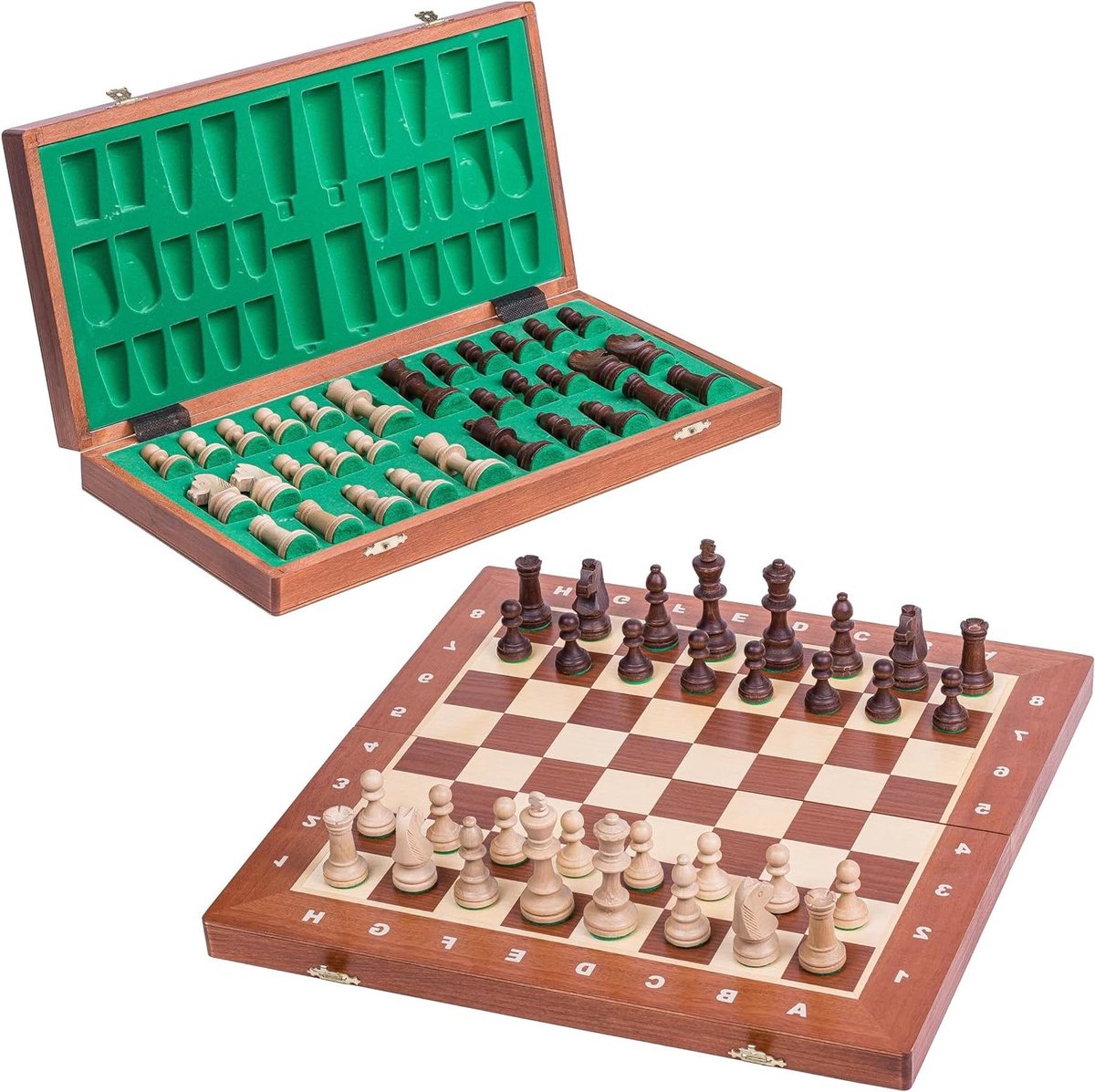 Houten Schaakspel - Mahonie bord - Strategisch Spel - Handgesneden figuren - 40 cm veld - Natuurlijk Hout