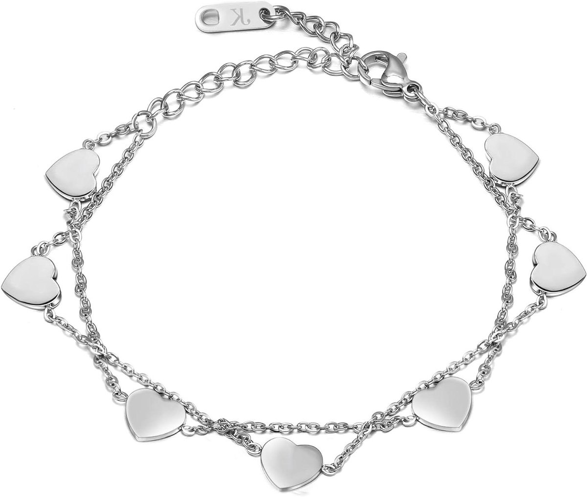 Dames Anklet - Enkelbandje Hartjes - Zomerse Accessoires - Verstelbaar met Bedels - One Size - Zilverkleurig