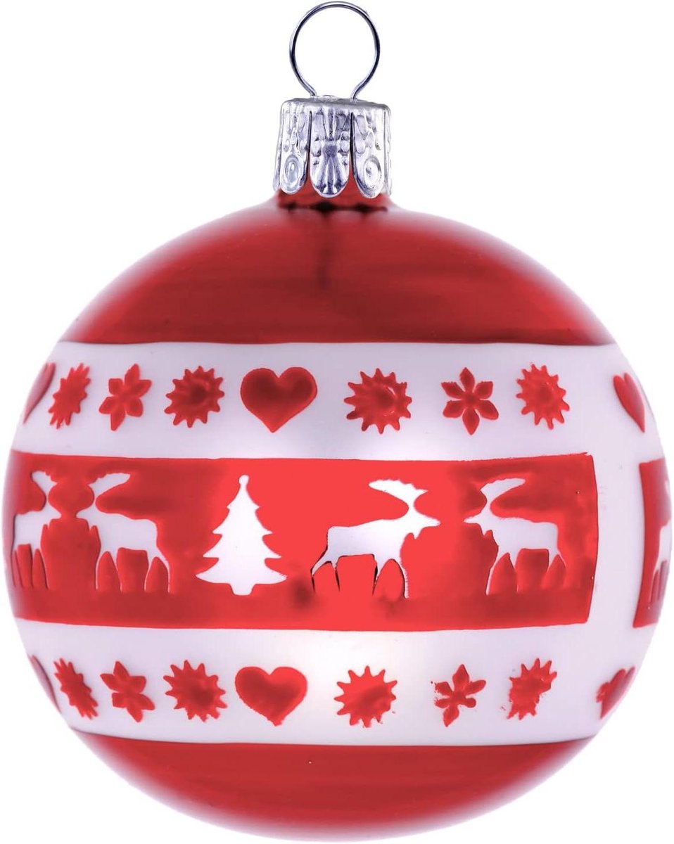 Kerstballen Set - Decoratieve Ballen - Kerstboom Versieren - Mondgeblazen Glas - 6 stuks 7 cm - Rood Wit