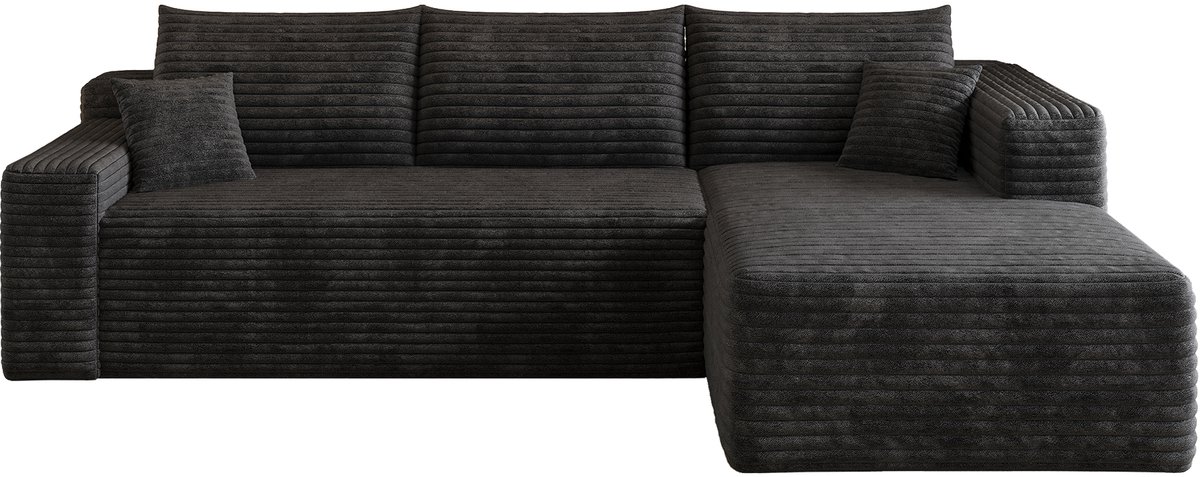 MODFU Hoekbank – 241x151x58 cm – montagevrij met rechterhoek – zachte ribstof – minimalistisch design – Zwart