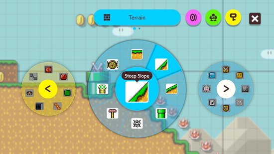 Scherm met gereedschappen voor het maken van een spel. Een cirkel toont verschillende hellingen.