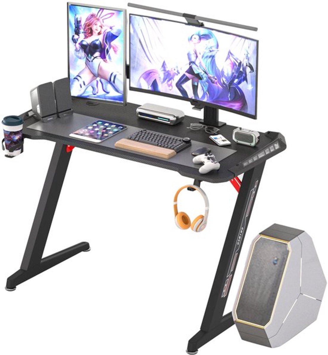 Groot laptopcomputerbureau - 55,11 x 23,62 x 30,71 inch - Rechthoekig staand bureau - Z-vormig - Gaming en thuiskantoor - PC-bureau - In hoogte verstelbaar - Zwart