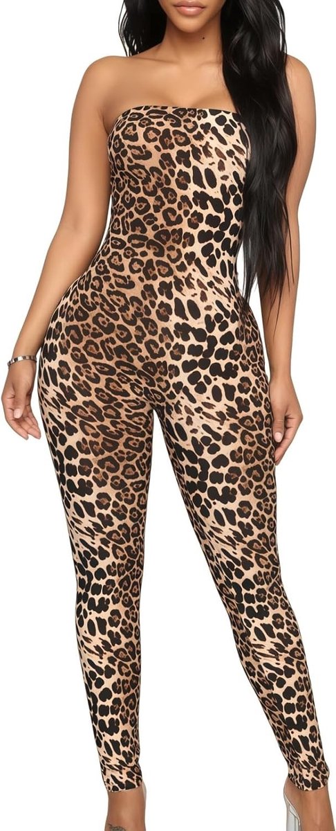 Stijlvolle Dames Jumpsuit met Luipaardprint, Strapless en Slim Fit voor Avondkleding en Feestjes
