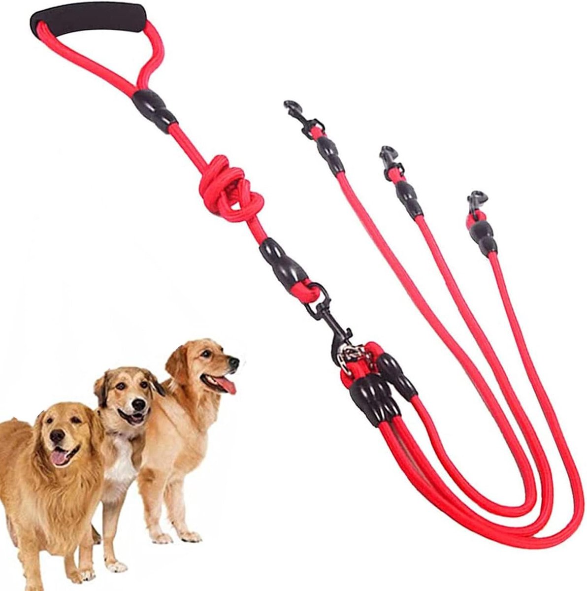 3-in-1 hondenriem met gewatteerd handvat - 3-weg riem, 360° draaibaar, knoopvrij voor 3 honden - 1,5 m hondenriem voor middelgrote en kleine honden, meerdere huisdieren