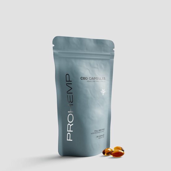 Lichtblauwe pouch met PROHEMP CBD CAPSULES 50mg CBD PER CAPSULE. Ook met 2 gouden CBD capsules ernaast.