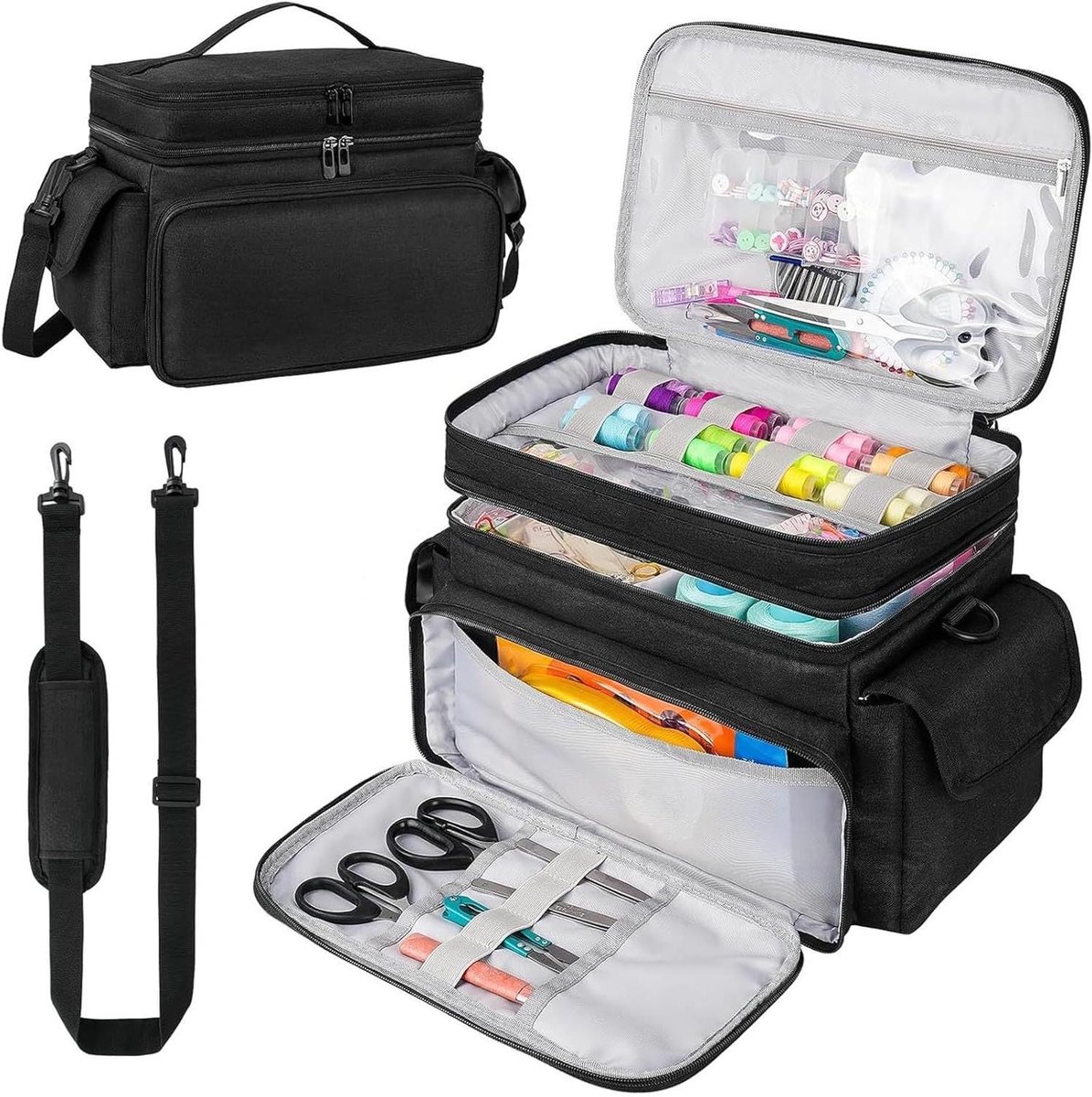 Naaiaccessoires Organizer - Naaidoos Opbergtas - Naaispullen Opbergen - Dubbellaags Ontwerp - 38x25 cm - Grijs