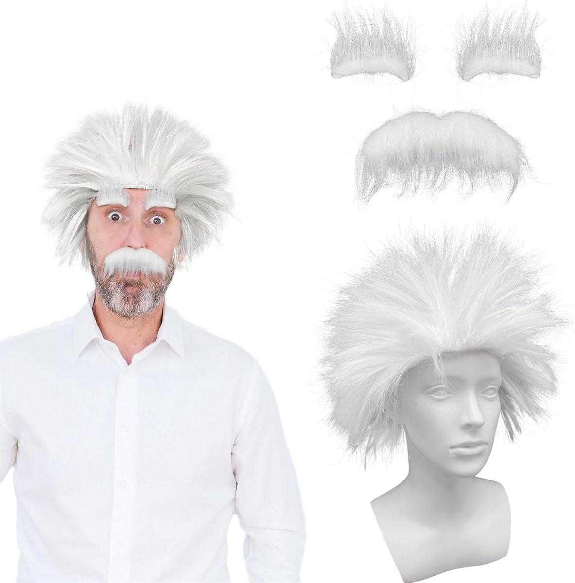 Mad Scientist Kostuum Set - 3-delige Professor Perkament met Snor en Witte Baard voor Cosplay, Themaparty en Festivals