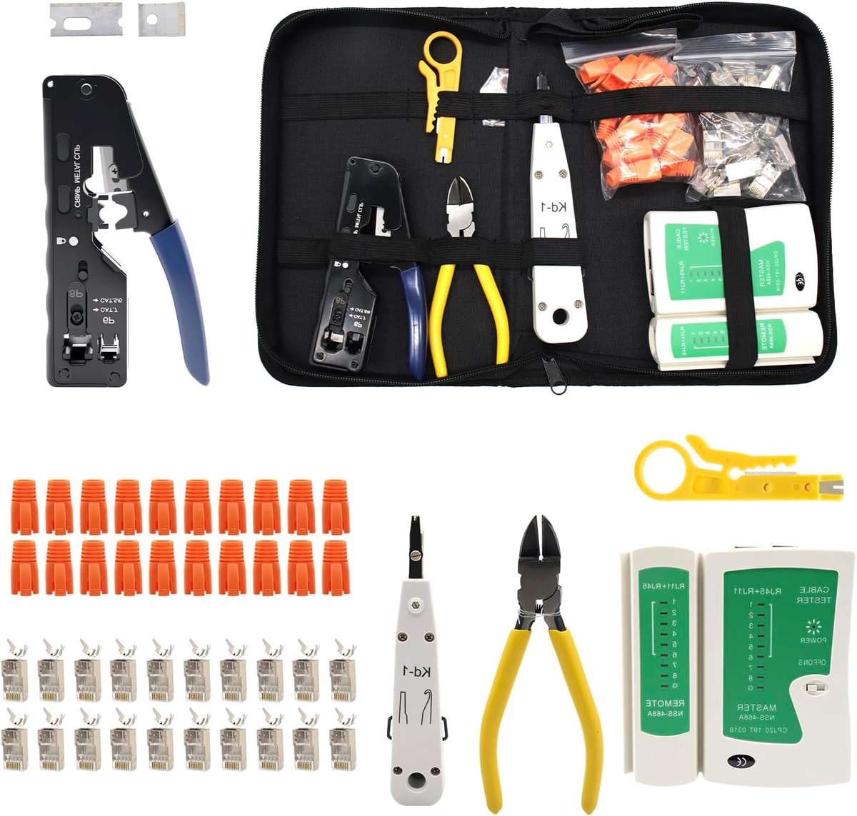 Allecta - Netwerkgereedschapsset met RJ45 krimptang en netwerktester voor Cat7/Cat6a - LSA-bevestigingsgereedschap en striptang - 20 x RJ45-stekker - RJ11/RJ12/RJ45.