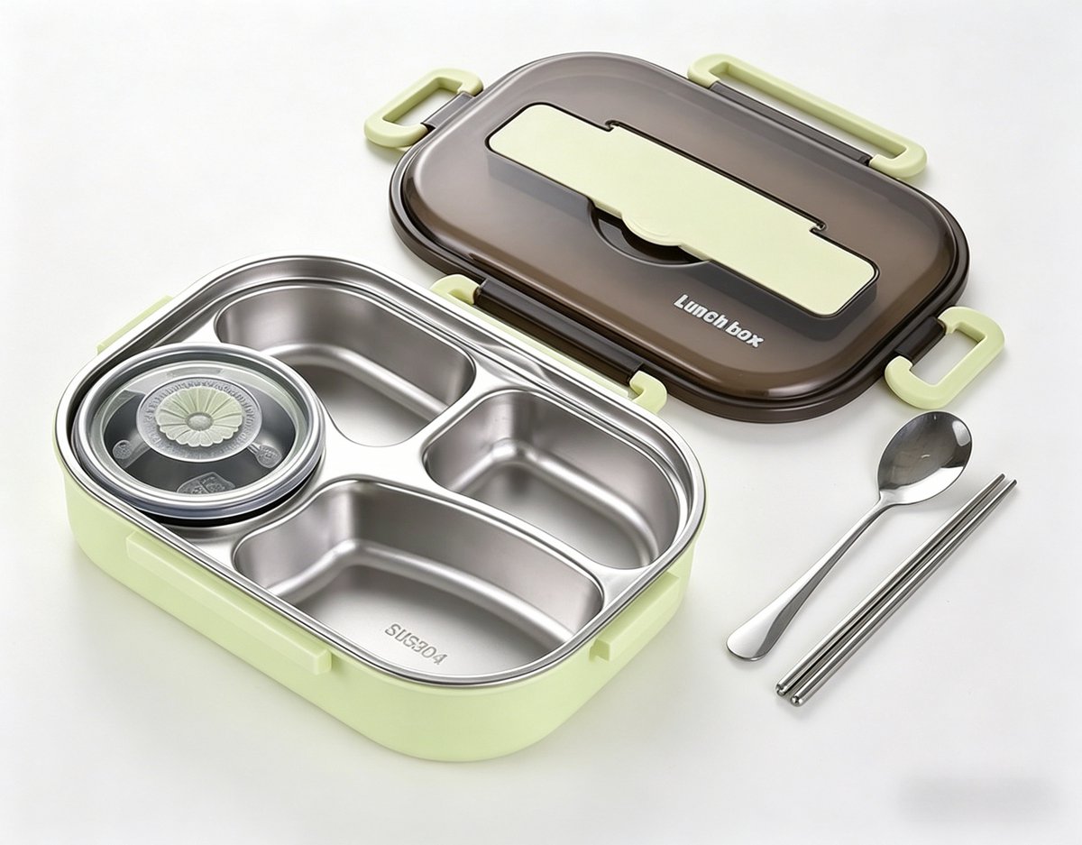 carmdering - Roestvrijstalen Bento Lunchbox - Herbruikbare Maaltijdprep Container - Voedselbewaarbox - Luchtdicht Ontwerp - Lekvrije Sluiting - 304 Roestvrij Staal - Magnetronbestendig - Ideaal Voor School En Werk - 1 Set - Groen