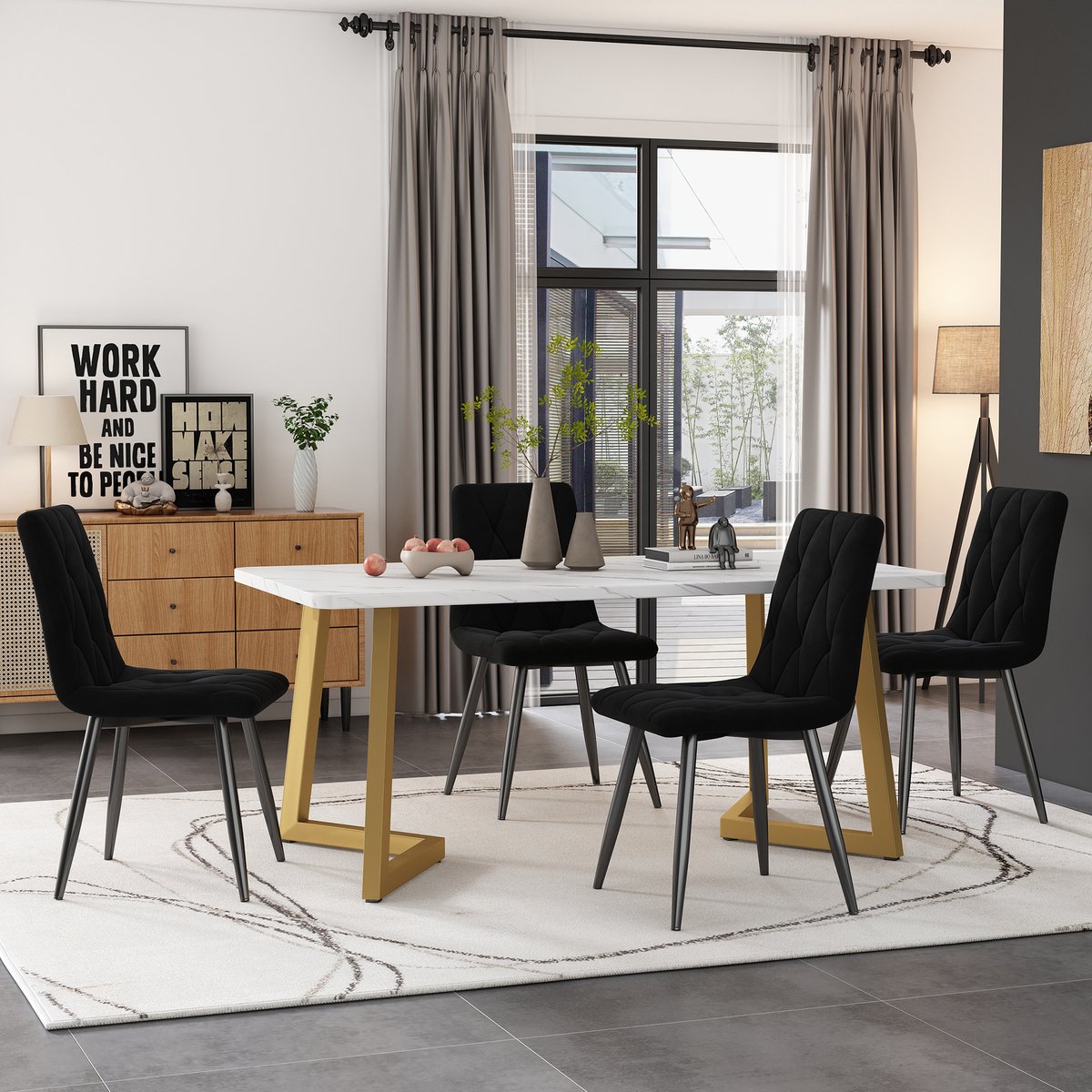 MIVRAY Eettafelset Met 4 Stoelen - Rechthoekige Eettafel Met Marmerlook - Voor Keuken En Eetkamer - MDF En Fluweel - 117x68x75 Cm