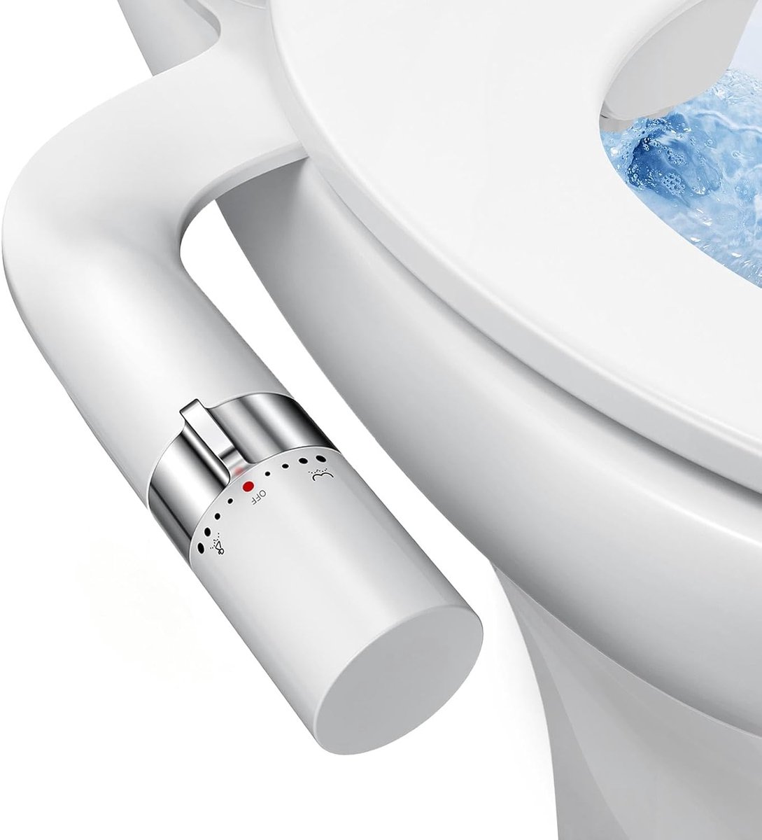 Bidet Bevestiging voor Toilet - Ultra-Dun Niet-Elektrisch Dubbel Mondstuk - Frisse Koudwaterspray - Bestaande Toiletbril - Vrouwelijke Voor- & Achterwash - Zilver/Wit - 1 Stuk