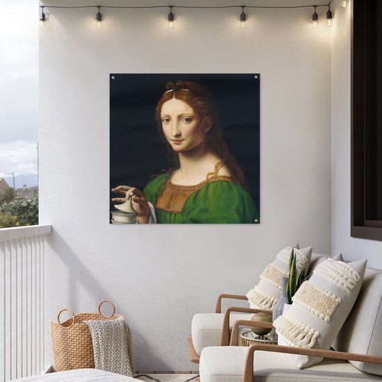 Tuinposter 100x100 cm - Tuindecoratie Maria Magdalena - Leonardo da Vinci - Poster voor in de tuin - Buiten decoratie - Schutting tuinschilderij - Tuindoek muurdecoratie - Wanddecoratie balkondoek