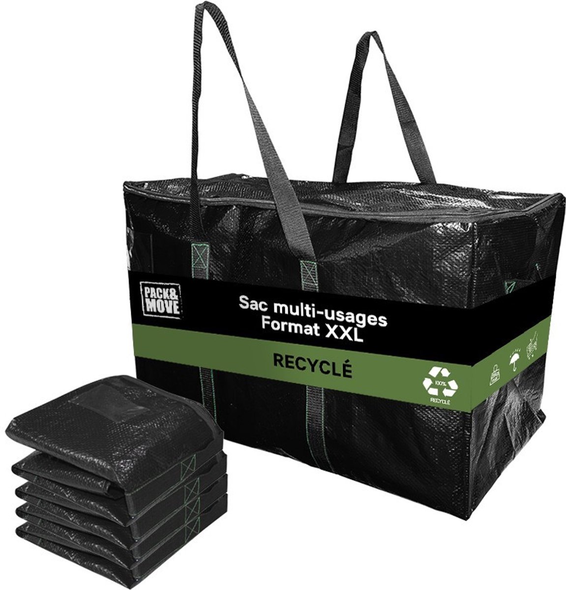 Pack and Move - Set 6 Grote Verhuistassen Gerecycled - Opberging en Transport Ultra Sterk - Herbruikbaar - Stevige Handgrepen - 100L
