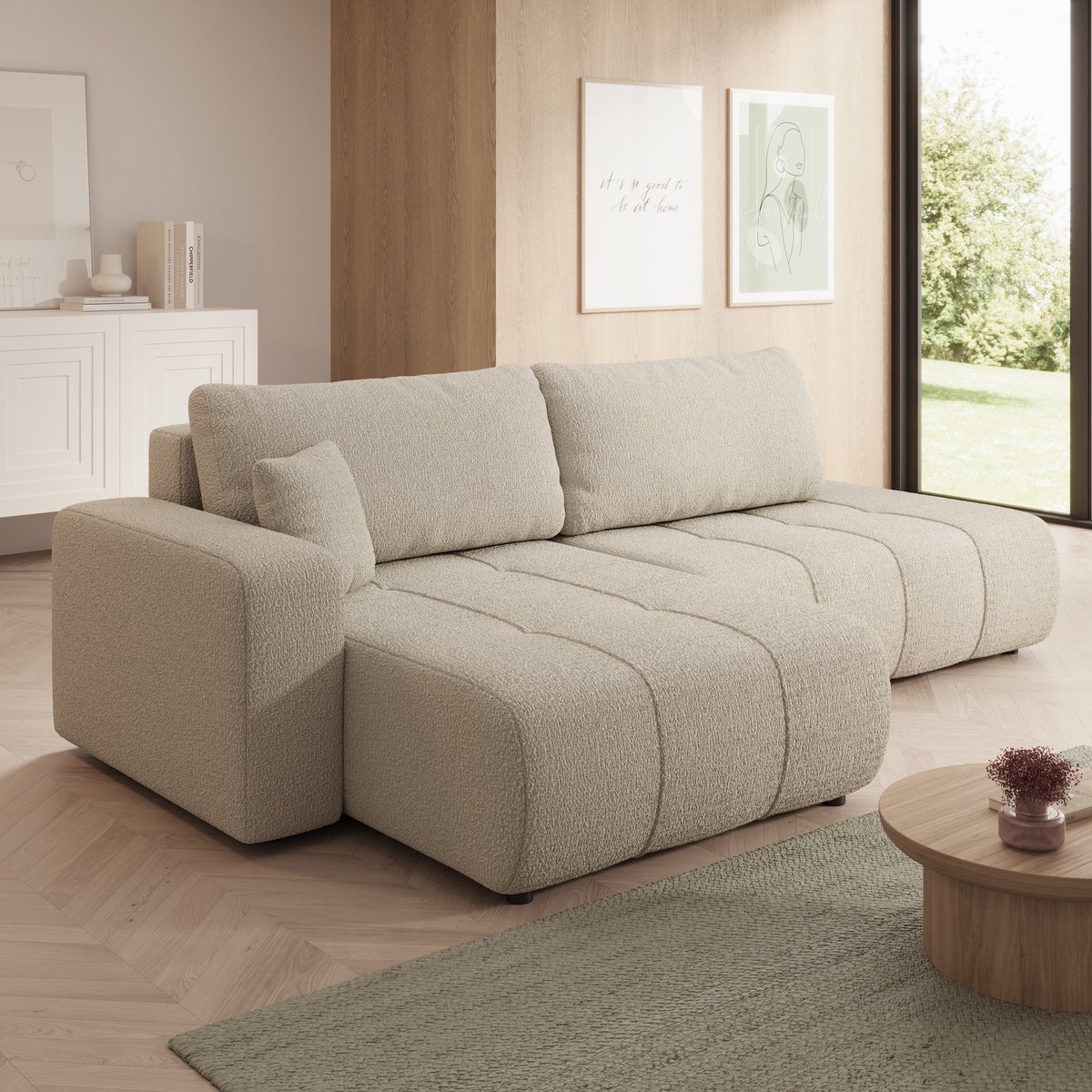 Meubella - Feather L - Hoekbank 3-zits met chaise longue - Teddystof beige - Links