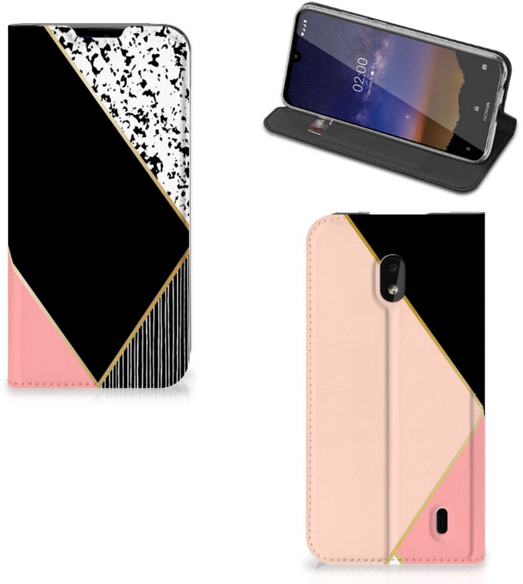 Nokia 2.2 Stand Case Zwart Roze Vormen